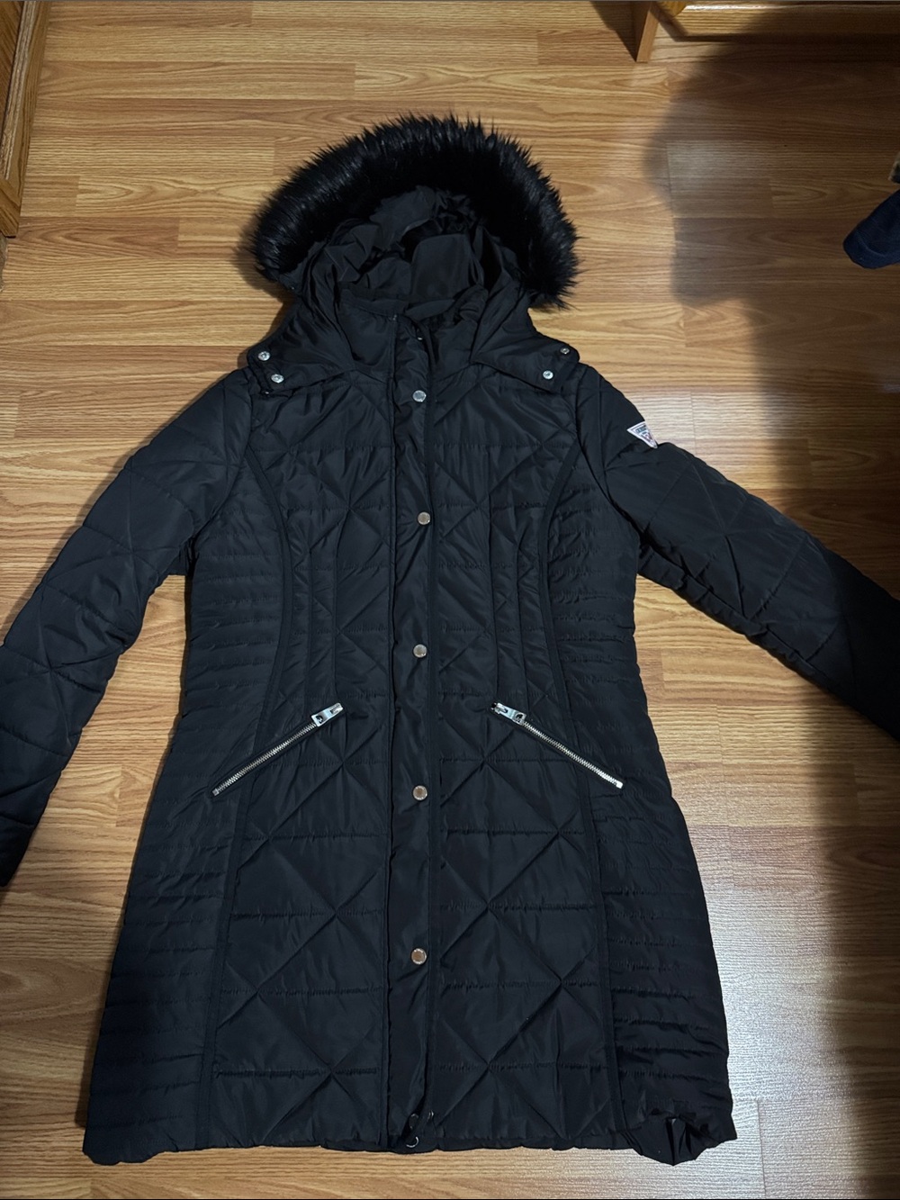 Guess Black Quilted Hooded Puffer Coat with Faux Fur Trim
